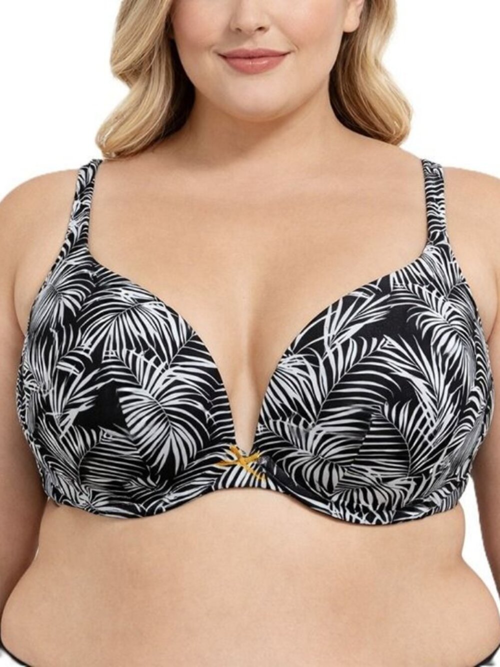 Cacique Bra 38DD Boost Plunge Underwire Black White Palm Print